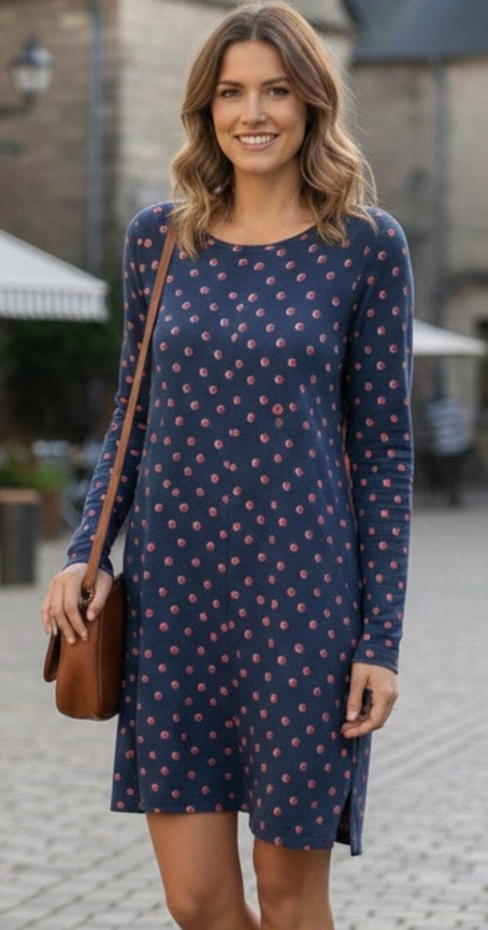 Boden Women 12 Navy Blue with Pink Shadow Polka Dots Pockets Mini Tunic Dress